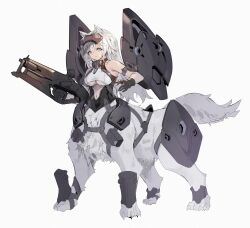 Rule 34 | 1girl, absurdres, animal ears, armor, black gloves, body fur, breasts, claws, forehead protector, full body, gloves, grey hair, gun, harness, highres, holding, holding gun, holding weapon, large breasts, long hair, monster girl, navel, original, rifle, solo, standing, tail, taur, underboob, weapon, white background, white hair, zhu fun