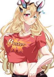 Rule 34 | 1girl, blonde hair, blush, breasts, buster shirt, cleavage, collarbone, crop top, crop top overhang, barghest (fate), fate/grand order, fate (series), green eyes, heterochromia, highres, horns, large breasts, long hair, looking at viewer, midriff, navel, open mouth, red eyes, red shirt, shirt, short sleeves, solo, tsuyuki yuki