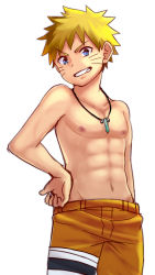 Rule 34 | 1boy, abs, blonde hair, blue eyes, facial mark, grin, highres, jewelry, looking at viewer, male focus, naruto, naruto (series), navel, necklace, ronba1125, topless male, simple background, smile, solo, uzumaki naruto, whisker markings, white background