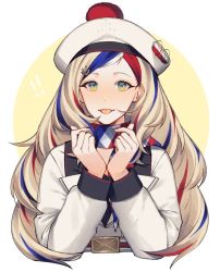 Rule 34 | !, !!, 1girl, anchor hair ornament, bad id, bad twitter id, beret, blonde hair, blue eyes, blue hair, commandant teste (kancolle), hair ornament, hat, jacket, kantai collection, long hair, looking at viewer, multicolored clothes, multicolored hair, multicolored scarf, pom pom (clothes), ponytail, red hair, scarf, solo, streaked hair, su konbu, swept bangs, tongue, tongue out, upper body, wavy hair, white background, white hair