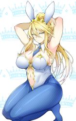 Rule 34 | 1girl, ahoge, animal ears, armpits, arms behind head, arms up, artoria pendragon (all), artoria pendragon (fate), artoria pendragon (swimsuit ruler) (fate), bare shoulders, blonde hair, blue neckwear, blue pantyhose, braid, breasts, cleavage, clothing cutout, detached collar, fake animal ears, fate/grand order, fate (series), fishnet pantyhose, fishnets, french braid, green eyes, hair between eyes, highleg, highleg leotard, highres, kneeling, large breasts, leotard, long hair, looking at viewer, navel, navel cutout, necktie, pantyhose, playboy bunny, ponytail, rabbit ears, sidelocks, teroo, tiara, white leotard, wrist cuffs