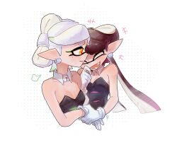Rule 34 | +++, 2girls, black dress, black hair, bow-shaped hair, callie (splatoon), closed eyes, collar, collarbone, commentary request, cousins, cropped torso, detached collar, dress, earrings, eyelashes, eyeshadow, gloves, gradient hair, green eyeshadow, green hair, highres, holding hands, hoop earrings, inkling, jewelry, long hair, makeup, marie (splatoon), mole, mole under eye, multicolored hair, multiple girls, nintendo, open mouth, orange pupils, pink hair, pointy ears, puff of air, short hair, simple background, smile, splatoon (series), star-shaped pupils, star (symbol), strapless, strapless dress, symbol-shaped pupils, teeth, tentacle hair, thick eyebrows, two-tone hair, white background, white collar, white gloves, white hair, xiaoziti, yellow eyes