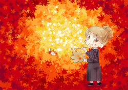 Rule 34 | . ., 2girls, ahoge, art brush, autumn, autumn leaves, black footwear, blush, brown eyes, brown skirt, chibi, commentary request, hair bun, hair ornament, hinata yuu, holding, leaf, leaf background, light brown hair, long skirt, looking at viewer, loose socks, maple leaf, multicolored background, multiple girls, open mouth, original, paintbrush, painting (action), palette (object), red hair, shirt, single hair bun, skirt, socks, striped clothes, striped shirt, twintails