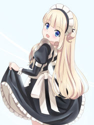 Rule 34 | 1girl, :d, apron, black ribbon, black shirt, black skirt, blonde hair, blue background, blue eyes, blunt bangs, blush, commentary request, cowboy shot, frilled apron, frilled skirt, frills, from side, hair ribbon, highres, hiiragi mayuki, hinako note, juliet sleeves, leaning back, long hair, long sleeves, looking at viewer, looking to the side, maid, maid headdress, one side up, open mouth, puffy sleeves, ribbon, shirt, simple background, skirt, skirt hold, sleeve cuffs, smile, solo, standing, tk (tk47773), very long hair, white apron