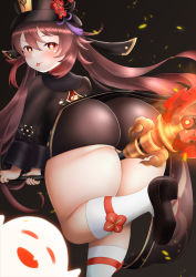 Rule 34 | 1girl, absurdres, ass, between legs, black shorts, blush, brown hair, come hither, from behind, genshin impact, ghost, hat, hat ornament, highres, hu tao (genshin impact), huge ass, long hair, looking at viewer, looking back, mee don, naughty face, polearm, red eyes, shiny clothes, shiny skin, short shorts, shorts, smile, spear, tongue, tongue out, twintails, very long hair, weapon