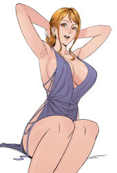 Rule 34 | 1girl, absurdres, armpits, ass, blue dress, breasts, cleavage, curvy, dress, earrings, hand in own hair, highres, jewelry, large breasts, long hair, nami (one piece), nami (one piece) (post-timeskip), nami (one piece) (wano), navel, one piece, open mouth, orange eyes, orange hair, parted bangs, shiny skin, shoulder tattoo, sidelocks, simple background, sitting, sitting on person, solo, tattoo, teeth, upper teeth only, uukkaa, very long hair, white background, wide hips