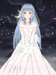 Rule 34 | 10s, 1girl, bare shoulders, blue hair, blunt bangs, blush, bouquet, bridal veil, brown eyes, cherry blossoms, crescent moon, dress, elbow gloves, flower, gloves, hair ribbon, highres, kantai collection, long hair, looking at viewer, moon, murakumo (kancolle), night, night sky, off shoulder, petals, ribbon, sidelocks, siroimo0828, sky, smile, solo, strapless, strapless dress, tress ribbon, veil, very long hair, wedding dress, white dress, white gloves