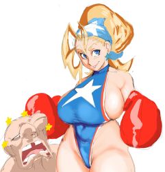 Rule 34 | 1girl, :&gt;, armpits, bare shoulders, blonde hair, blue eyes, boxing gloves, breasts, closed mouth, covered navel, cowboy shot, earrings, fighting, groin, high ponytail, highres, huge breasts, jewelry, justice gakuen, legs, leotard, looking at viewer, missing tooth, one side up, open mouth, revealing clothes, side slit, simple background, smile, standing, star (symbol), star earrings, thighs, tiffany lords, ultivlad, white background