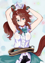 1girl armpits arms_up belt blue_eyes breasts brown_hair closed_mouth commentary_request cosplay gloves hair_between_eyes hair_ornament highres horse_girl long_hair medium_breasts mejiro_dober_(umamusume) mejiro_palmer_(umamusume) ribbon smile umamusume vandy76