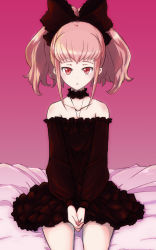 Rule 34 | 1girl, anya alstreim, bed, black dress, blanket, choker, code geass, collarbone, dress, frills, highres, jack (wkm74959), jewelry, long hair, looking at viewer, necklace, on bed, own hands together, pink eyes, pink hair, sitting, solo