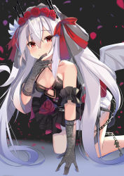 Rule 34 | 1girl, absurdres, all fours, azur lane, black dress, blush, bow, breasts, chain, closed mouth, collarbone, commentary request, criss-cross halter, dress, elbow gloves, feet out of frame, floral print, flower, gloves, grey gloves, grey wings, hair between eyes, hair bow, hair flower, hair ornament, halterneck, hand to own mouth, highres, kazuha (saku kn), licking, licking finger, metal wings, petals, pleated dress, print dress, print gloves, red bow, red eyes, red flower, red rose, rose, rose print, see-through, silver hair, slit pupils, small breasts, smile, solo, tongue, tongue out, twintails, vampire (azur lane), vampire (eloi&#039;s blessing) (azur lane), veil, wings