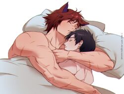 Rule 34 | 2boys, animal ears, aphelios, bara, black hair, blush, closed eyes, closed mouth, couple, highres, hug, league of legends, lying, male focus, multiple boys, muscular, muscular male, on side, pillow, red hair, scar, scar on arm, sett (league of legends), short hair, sleeping, yaoi, yotti