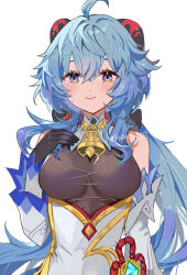 Rule 34 | 1girl, ahoge, bare shoulders, bell, black gloves, blue hair, bodystocking, chinese knot, closed mouth, commentary request, cowbell, detached sleeves, ganyu (genshin impact), genshin impact, gloves, goat horns, hand up, highres, horns, long hair, looking at viewer, makoto 139, multicolored eyes, neck bell, purple eyes, simple background, smile, solo, upper body, very long hair, white background, white sleeves, yellow eyes