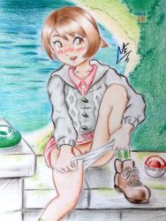 Rule 34 | 1girl, absurdres, blush, brown eyes, brown footwear, brown hair, cardigan, cleft of venus, collared shirt, colored pencil (medium), creatures (company), cross-laced footwear, feet out of frame, game freak, genji-wd, gloria (pokemon), grass, highres, knee up, lake, long sleeves, looking at viewer, miniskirt, nintendo, nose blush, on wall, open mouth, outdoors, panties, panty pull, pink shirt, pink skirt, poke ball, pokemon, pokemon swsh, pussy, pussy peek, shirt, shoes, short hair, signature, sitting, skirt, smile, socks, solo, striped clothes, striped legwear, striped socks, teeth, traditional media, uncensored, underwear, upskirt, vertical-striped clothes, vertical-striped socks, white panties