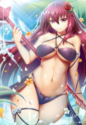 Rule 34 | 1girl, adapted costume, bikini, breasts, cleavage, curvy, fate/grand order, fate (series), flower, gae bolg (fate), guardian-panda, hair flower, hair ornament, highres, large breasts, long hair, navel, parted lips, polearm, purple hair, red eyes, scathach (fate), smile, solo, spear, swimsuit, underboob, weapon, wide hips