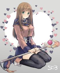 Rule 34 | 1girl, breasts, brown hair, closed mouth, full body, green eyes, grel (r6hgvu5), hair ornament, hairclip, long hair, looking at viewer, pencil skirt, print thighhighs, skirt, smile, solo, sophia esteed, staff, star ocean, star ocean till the end of time, thighhighs, weapon