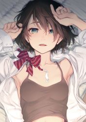 Rule 34 | 1girl, armpits, bow, bowtie, breasts, brown hair, camisole, collarbone, commentary request, green eyes, hair over one eye, hand on own head, highres, long sleeves, looking at viewer, lying, nilitsu, on back, on bed, open clothes, open shirt, original, shirt, short hair, small breasts, solo, upper body, white shirt