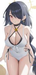 Rule 34 | 1girl, absurdres, black hair, blue archive, braid, braided ponytail, breasts, choker, cleavage, cross, cross earrings, earrings, hair over one eye, halo, happy05x, highres, hinata (blue archive), hinata (swimsuit) (blue archive), jewelry, large breasts, long hair, one-piece swimsuit, one eye covered, red eyes, swimsuit, thighs, very long hair, white one-piece swimsuit, yellow halo