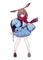 Rule 34 | 1girl, :&lt;, amiya (arknights), animal ear legwear, animal ears, arknights, backpack, bag, blue eyes, blue jacket, blue skirt, blush, brown footwear, closed mouth, commentary request, cot (co2cotton), full body, hands up, highres, jacket, long sleeves, looking at viewer, medium hair, official alternate costume, open clothes, open jacket, pleated skirt, rabbit ear legwear, rabbit ears, rabbit girl, red scarf, scarf, shoes, simple background, skirt, sleeves past fingers, sleeves past wrists, solo, thighhighs, white background, white thighhighs