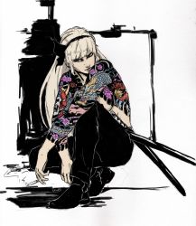 Rule 34 | 1girl, absurdres, aged up, alternate hair length, alternate hairstyle, cigarette, full-body tattoo, hair ribbon, highres, irezumi, katana, konpaku youmu, long hair, looking at viewer, ribbon, silver hair, solo, squatting, sword, tattoo, topless, touhou, tres-iques, weapon
