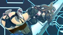 Rule 34 | 1girl, all fours, animal ears, armband, ass, black thighhighs, boots, breasts, brown hair, cat ears, eyewear on head, garter straps, gloves, hair over one eye, headphones, highres, looking at viewer, midriff, neighbor quartz, parted lips, phantasy star, phantasy star online 2, pole, short hair, smile, solo, sunglasses, thigh boots, thighhighs, wisespeak