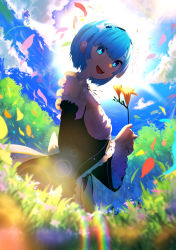 Rule 34 | 1girl, 38 (sanjuuhachi), :d, absurdres, armpit crease, bad id, bad pixiv id, black dress, black neckwear, black ribbon, blue eyes, blue hair, blush, breasts, chromatic aberration, cloud, day, detached sleeves, dress, eyes visible through hair, flower, forest, frilled sleeves, frills, from below, from side, glowing, glowing eyes, grass, hair ornament, hair over one eye, hair ribbon, hands up, happy, highres, holding, holding flower, lens flare, lily (flower), long sleeves, looking at viewer, looking down, looking to the side, maid, nature, open mouth, orange flower, outdoors, petals, pink ribbon, rainbow, re:zero kara hajimeru isekai seikatsu, rem (re:zero), ribbon, roswaal mansion maid uniform, short hair, sidelocks, sky, small breasts, smile, solo, sun, swept bangs, teeth, tree, upper teeth only, wide sleeves, wind, x hair ornament