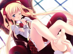 Rule 34 | 1girl, artist request, barefoot, blonde hair, blush, chair, character request, feet, femdom, foot worship, hair ribbon, looking down, one eye closed, panties, ribbon, sitting, skirt, soles, toes, twintails, underwear, upskirt