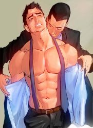 Rule 34 | 2boys, abs, bara, formal, highres, male focus, multiple boys, muscular, necktie, original, pectorals, suit, tofu (tofulabo), unbuttoned, undressing, yaoi
