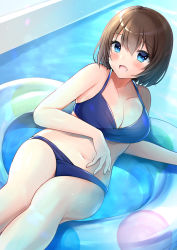 Rule 34 | 1girl, :d, bad id, bad pixiv id, bare arms, bare shoulders, bikini, blue bikini, blue eyes, blush, breasts, brown hair, cleavage, collarbone, commentary request, feet out of frame, fingernails, hair between eyes, highres, innertube, lying, medium breasts, minami saki, navel, on back, open mouth, original, smile, solo, swim ring, swimsuit, water
