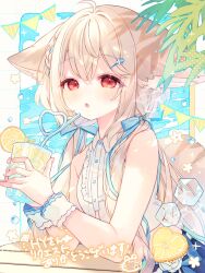 1girl animal_ears blonde_hair blue_bow bow braid commission cup flag food fox_ears fruit hair_bow hair_ornament highres holding holding_cup ice ice_cube kemomimi_refle! komomo_(2899) lemon lemon_slice long_hair looking_at_viewer multicolored_hair nekoma_karin open_mouth red_eyes sitting skeb_commission solo sparkle streaked_hair translation_request twintails virtual_youtuber