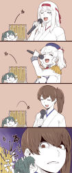 Rule 34 | 10s, 4girls, 4koma, beret, brown eyes, brown hair, comic, commentary request, epaulettes, closed eyes, green hair, hat, headband, holding, holding microphone, ishii hisao, japanese clothes, kaga (kancolle), kantai collection, kashima (kancolle), long hair, long sleeves, microphone, multiple girls, music, nhk nodo jiman, nontraditional miko, open mouth, short hair, shoukaku (kancolle), side ponytail, singing, sweatdrop, teeth, tongue, tongue out, twintails, two side up, white hair, zuikaku (kancolle)