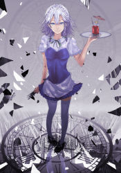 Rule 34 | 1girl, adapted costume, advarcher, apron, between fingers, black footwear, blue dress, blue eyes, bow, braid, breaking, breasts, clock hands, cocktail umbrella, collared shirt, cup, dress, drink, drinking glass, drinking straw, frilled shirt collar, frills, full body, hair bow, half-closed eyes, highres, holding, impossible clothes, impossible dress, izayoi sakuya, knife, light smile, looking at viewer, maid, maid apron, maid headdress, pigeon-toed, reflection, ribbon, roman numeral, shirt, shoes, short dress, short hair, short sleeves, silver hair, solo, strapless, strapless dress, thighhighs, time, touhou, tray, twin braids, white thighhighs