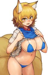 Rule 34 | 1girl, absurdres, animal ear fluff, animal ears, bare arms, bikini, bikini under clothes, blonde hair, blue bikini, breasts, chanta (ayatakaoisii), cleavage, clothes lift, fox ears, fox tail, frills, hair between eyes, hands up, highres, huge breasts, lifted by self, looking at viewer, multiple tails, navel, no headwear, no pants, open mouth, orange eyes, shirt lift, short hair, short sleeves, simple background, slit pupils, solo, standing, stomach, sweat, swimsuit, tabard, tail, touhou, upper body, white background, yakumo ran