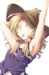 Rule 34 | 1girl, absurdres, arm up, armpits, bare arms, blonde hair, braid, brown headwear, clip studio paint (medium), darjeeling (reley), highres, looking at viewer, moriya suwako, singlet, solo, tongue, tongue out, touhou, twin braids, white background, yellow eyes