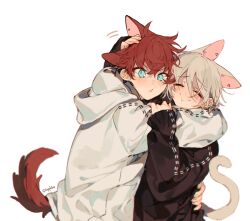 Rule 34 | 2boys, amagi hiiro, animal ears, black sweater, blonde hair, blue eyes, blush, cat ears, cat tail, cheek-to-cheek, closed eyes, closed mouth, dog ears, dog tail, ensemble stars!, hand up, heads together, hood, hood down, jacket, looking at viewer, multiple boys, open mouth, petting, red hair, sapphire (nine), shiratori aira (ensemble stars!), simple background, sweater, tail, white background, white jacket
