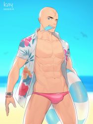 Rule 34 | 1boy, abs, alternate costume, bald, blue eyes, bulge, cross scar, fate/grand order, fate (series), highres, houzouin inshun (fate), hunterkay, jewelry, looking at viewer, male focus, muscular, outdoors, pectorals, scar, smile, solo, summer, water