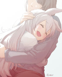 Rule 34 | 1girl, 1other, animal ears, artist name, closed eyes, commentary request, fang, grey hair, grey sweater, hand on another&#039;s head, horse ears, horse girl, hug, long hair, mukakin, open mouth, pants, red pants, simple background, smile, sweater, tamamo cross (umamusume), umamusume, white background