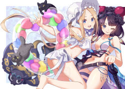 Rule 34 | 1girl, abigail williams (fate), abigail williams (swimsuit foreigner) (fate), abigail williams (swimsuit foreigner) (third ascension) (fate), ass, bare shoulders, barefoot, beads, belt, bikini, black cat, blonde hair, blue eyes, blush, bonnet, bow, bracelet, breasts, cat, cleavage, collarbone, fate/grand order, fate (series), feet out of frame, floral print, foot out of frame, forehead, goggles, goggles on head, hair bow, hair bun, hair ornament, innertube, jewelry, katana, katsushika hokusai (fate), katsushika hokusai (swimsuit saber) (fate), legs, long hair, looking at viewer, medium breasts, miniskirt, navel, obi, octopus, one eye closed, open mouth, parted bangs, purple hair, ryofuhiko, sash, sidelocks, skirt, small breasts, smile, soles, swim ring, swimsuit, sword, thigh strap, thighs, tokitarou (fate), twintails, very long hair, weapon, white bikini, white bow, white headwear