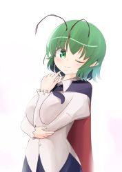 Rule 34 | 1girl, ;), adda, antennae, arm between breasts, between breasts, black cape, breasts, cape, closed mouth, green eyes, green hair, highres, large breasts, long sleeves, looking at viewer, one eye closed, pointy ears, shirt, short hair, simple background, smile, solo, touhou, upper body, white background, white shirt, wriggle nightbug