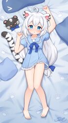 Rule 34 | 1girl, :o, absurdres, ahoge, animal ears, arm up, barefoot, bed sheet, blue bow, blue dress, blue eyes, blue sailor collar, blush, bow, commentary request, commission, dress, feet, frilled dress, frills, full body, highres, indie virtual youtuber, j2l, long hair, looking at viewer, lying, myoya (vtuber), on back, open mouth, panties, puffy short sleeves, puffy sleeves, sailor collar, sailor dress, short dress, short sleeves, sidelocks, solo, striped tail, tail, tiger ears, tiger girl, tiger tail, toes, underwear, virtual youtuber, white hair, white panties