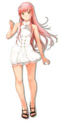Rule 34 | bare arms, bare legs, black footwear, bracelet, character name, closed mouth, dress, fate/grand order, fate (series), feet, full body, highres, jewelry, long hair, looking at viewer, lostroom outfit (fate), medb (fate), official art, pink hair, sandals, short dress, smile, solo, standing, star (symbol), takayama kisai, toes, transparent background, white dress, yellow eyes