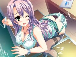 1girl akaza ass blush breasts butt_crack censored cleavage covered_erect_nipples cum green_eyes henshin_3 hetero large_breasts living_clothes long_hair one_eye_closed open_mouth purple_hair smile teacher wink