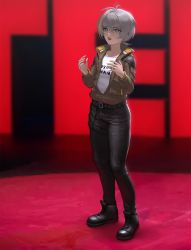 Rule 34 | 1girl, ahoge, ankle boots, belt, black belt, black pants, boots, brown jacket, clothes writing, denim, highres, hololive, hololive english, infi, jacket, jeans, ninomae ina&#039;nis, open mouth, pants, shirt, short hair, solo, standing, ted talk, virtual youtuber, white hair, white shirt, world of darkness, yellow eyes, yuul b alwright (ninomae ina&#039;nis)