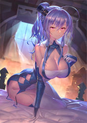 Rule 34 | 1girl, ahoge, arm support, azur lane, bare shoulders, bed, blue hair, blush, breasts, cleavage, clothes tug, clothing cutout, curtains, dress, elbow gloves, garter straps, gloves, hair between eyes, hair ornament, hair ribbon, large breasts, light particles, light rays, long hair, looking at viewer, on bed, ponytail, purple eyes, ribbon, side cutout, sideboob, sidelocks, signature, sitting, smile, solo, st. louis (azur lane), takamine nadare, thighhighs, thighs, tress ribbon, white gloves, white thighhighs, window