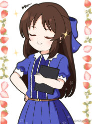 Rule 34 | 1girl, blue bow, blue dress, blush, bow, brown hair, closed eyes, closed mouth, collared dress, commentary request, doyagao, dress, facing viewer, food, fruit, hair bow, hand on own hip, holding, idolmaster, idolmaster cinderella girls, long hair, mitya, parted bangs, pleated dress, puffy short sleeves, puffy sleeves, short sleeves, simple background, smug, solo, sparkle, strawberry, tablet pc, tachibana arisu, translation request, twitter username, very long hair, white background