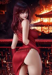 Rule 34 | 1girl, architecture, ass, bare shoulders, belt, black panties, breasts, brown belt, china dress, chinese clothes, commission, covered erect nipples, dress, east asian architecture, embers, evil smile, fiery background, fire, floral print, from behind, gloves, gold trim, highres, large breasts, lipstick, long hair, looking at viewer, looking back, makeup, niao sun, night, outdoors, panties, purple eyes, red dress, red gloves, red hair, red lips, sakananachi, sega, shenmue, shenmue iii, side slit, smile, solo, thighs, underwear