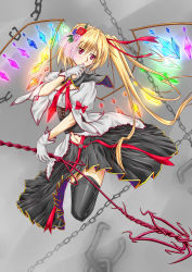 Rule 34 | 1girl, aged up, alternate costume, blonde hair, blue flower, blue rose, bodice, breasts, broken, broken chain, brooch, capelet, chain, cleavage, dekoorashiru, female focus, flandre scarlet, flower, flying, gloves, grey background, hair flower, hair ornament, hair ribbon, hand on own chin, highres, jewelry, laevatein, legs up, looking away, midriff, navel, parted lips, pink flower, pink rose, red eyes, red flower, red rose, ribbon, rose, short hair, side ponytail, simple background, skirt, solo, thighhighs, touhou, wings