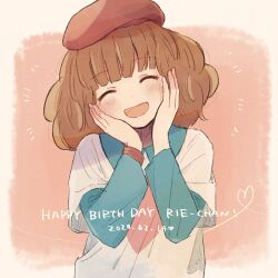 Rule 34 | 1girl, beret, blue skirt, blush, brown hair, closed eyes, dated, hands on own face, happy, happy birthday, hat, highres, medium hair, open mouth, pop&#039;n music, red hat, red wristband, rie-chan, shirt, side127, skirt, smile, solo, white shirt, wristband