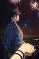 Rule 34 | 2boys, absurdres, arm tattoo, arphamuan, black hair, couple, fireworks, fushiguro megumi, green eyes, hair between eyes, happy new year, highres, holding hands, japanese clothes, jujutsu kaisen, kimono, looking at another, looking at viewer, male focus, multiple boys, new year, night, outdoors, pov, ryoumen sukuna (jujutsu kaisen), short hair, smile, spiked hair, tattoo, yaoi