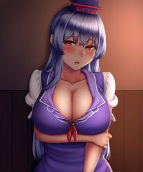 Rule 34 | 1girl, arm under breasts, blue dress, blush, breast hold, breasts, cleavage, collarbone, crossed arms, dress, hat, highres, huge breasts, kamishirasawa keine, long hair, looking at viewer, mimasi osuwari, puffy short sleeves, puffy sleeves, short sleeves, sidelighting, solo, touhou, upper body